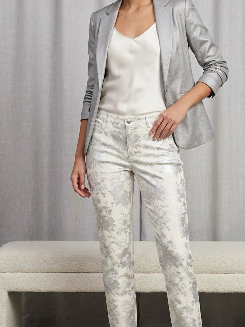 Elliott Lauren Silver Metallic Floral Foil White Jeans Pants Size 10